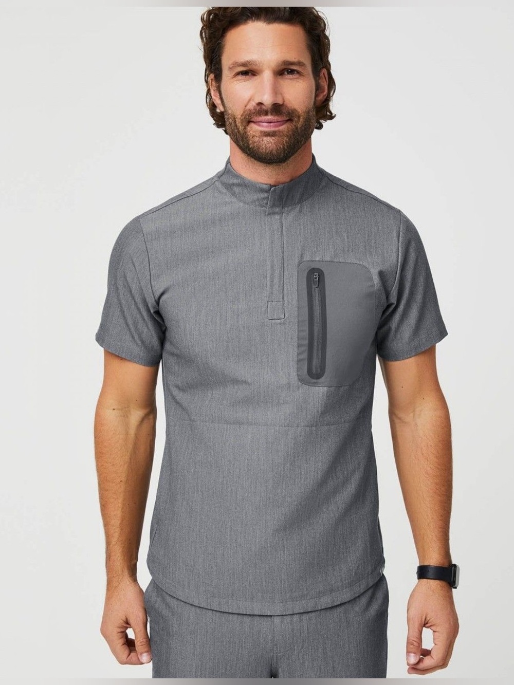 FIGS Men's Scrub Top XL Gray Mandarin Collar Zip Chest Pocket Technical